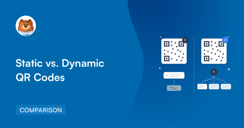 Banner zur Erklärung von statischen vs. dynamischen QR-Codes, mit einem Bären-Avatar links und einem 'COMPARISON'-Tag auf blauem Hintergrund.