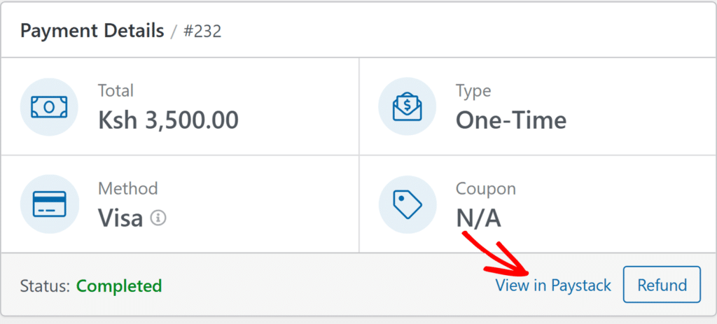 Detalhes de pagamento #232: total 3.500 Ksh, pagamento único Visa, cupão N/A; estado Concluído. Botões: Ver no Paystack e Reembolsar.