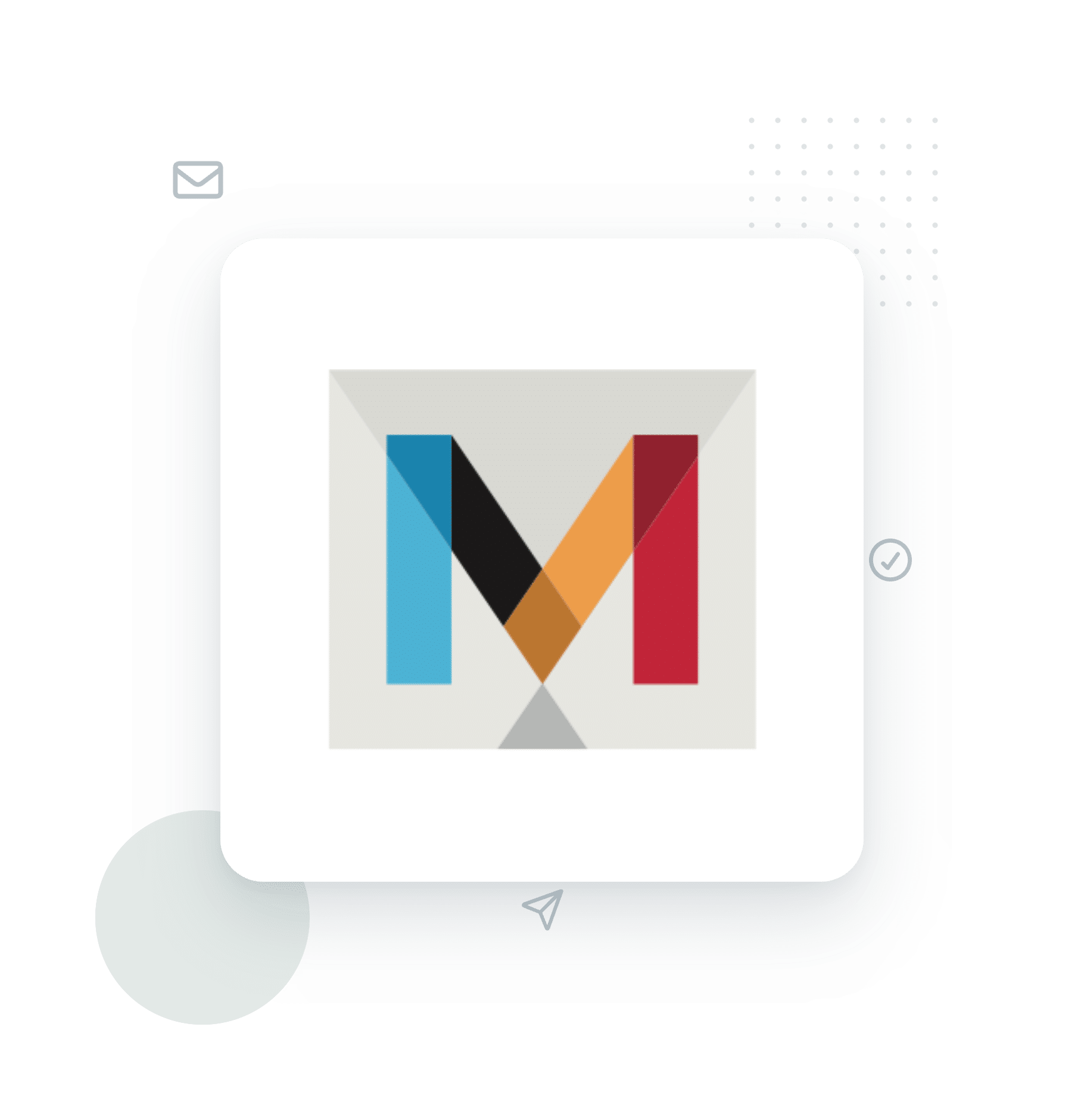 mandrill-hero2x - WP Mail SMTP Abstract device illustration with a color-block 'M' logo on a white panel and teal decorative rings in the background.