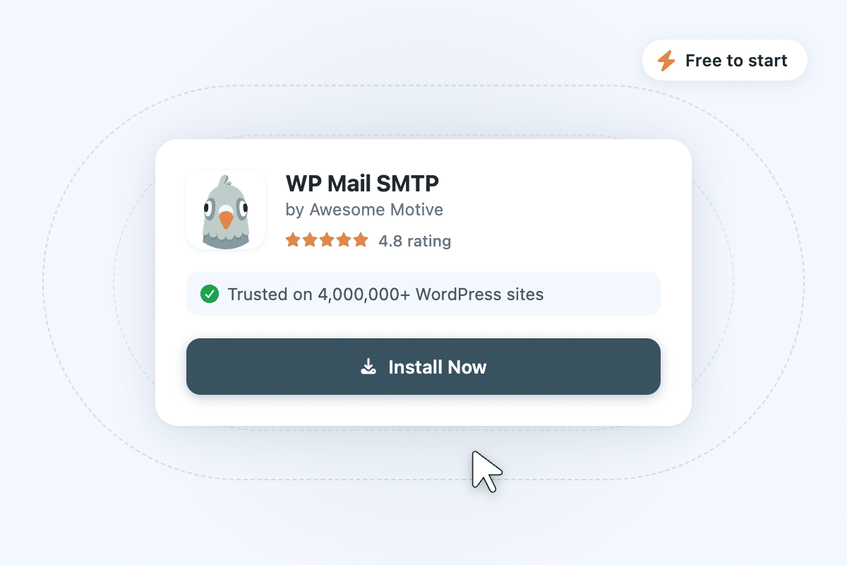 Card for WP Mail SMTP plugin: logo, name, author, 4.8 stars, trust badge, and Install Now button.