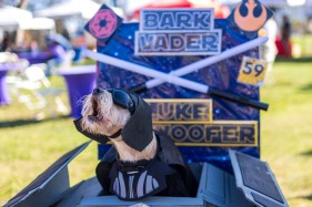 SUT-L-PAWMICON-XOL-001 Lucy, dressed as Bark Vader, owned by Kate Pura, of Lemon Grove, barks during the 14th annual PAWmicon event, hosted by Helen Woodward Animal Center, at Balboa Park on Tuesday, July 21, 2026 in San Diego, California. (Meg McLaughlin / The San Diego Union-Tribune)