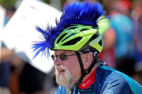 pmc Brett St Pierre touts a blue Mohawk during the Pan Mass Challenge. (Staff photo by Stuart Cahill/Boston Herald)