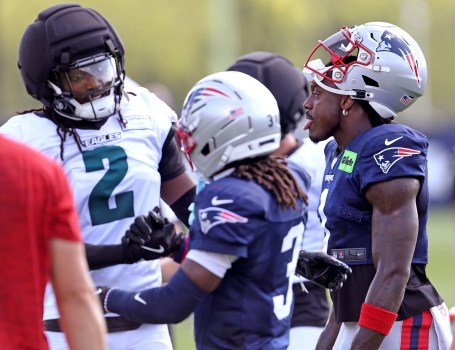 New England Patriots Practice Foxboro, MA - August 19 - New England Patriots wide receiver A.J. Brown (1) sticks out his tongue during training camp. (Photo By Matt Stone/Boston Herald).