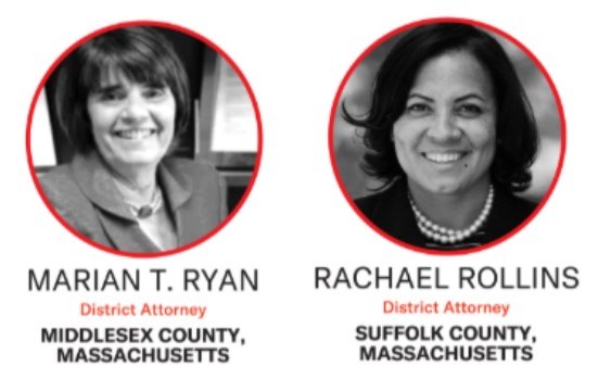 side-by-side-collage (1) Middlesex District Attorney Marian Ryan and former Suffolk DA and U.S. Attorney Rachael Rollins signed a pledge in 2020 promising to never accept endorsements or campaign contributions from police unions. Screenshot - dumpcopcash.com