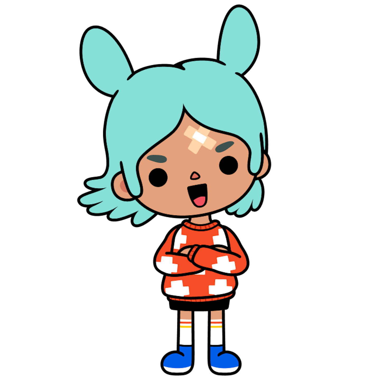 Rita This is an image of Rita, a character from Toca Boca World, standing with her arms crossed. She has her mouth open as if smiling widely or saying something
