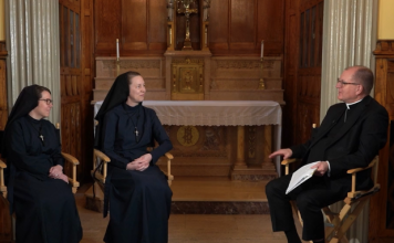 Bishop Barres and the Religious Sisters of Mercy of Alma, Michigan discuss
new ministry on Long Island