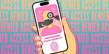 Alt text: A hand holding a cellphone showing a verification screen and ACCESS DENIED in the background.
