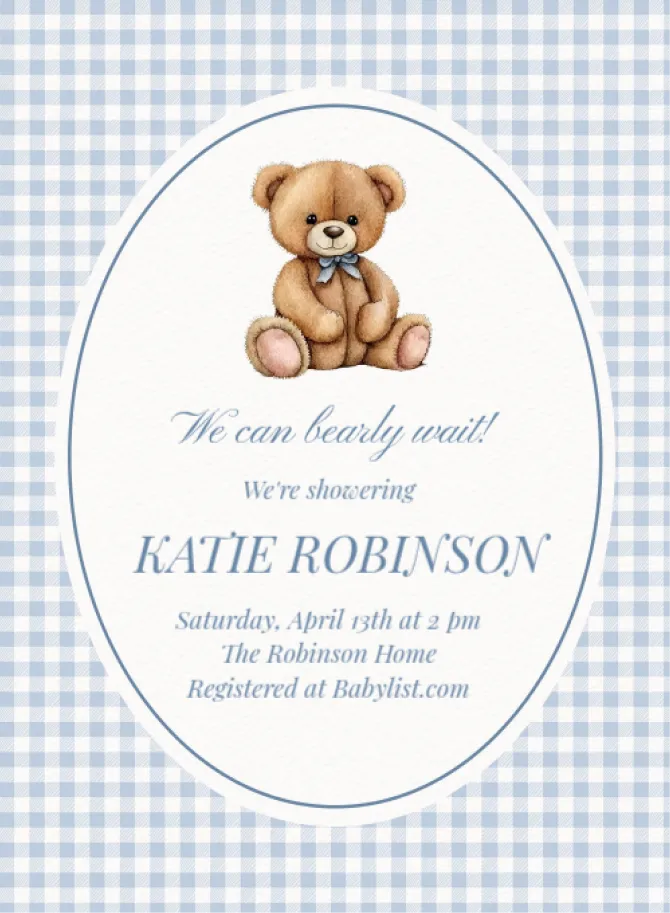 Baby shower invitation template with a teddy bear on gingham.