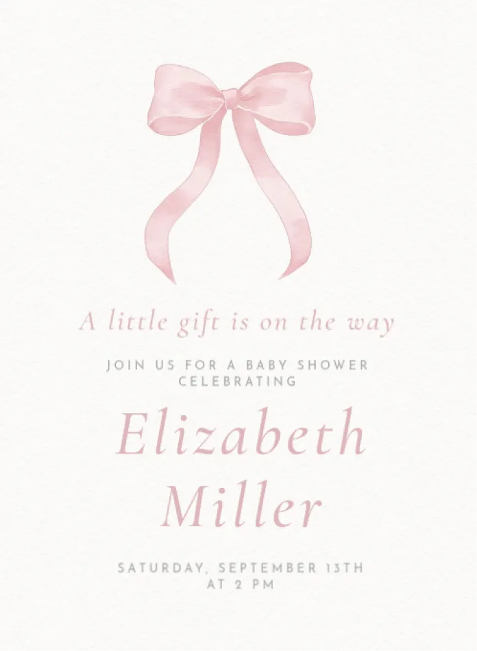 Baby shower invitation template with a pink bow and elegant script.