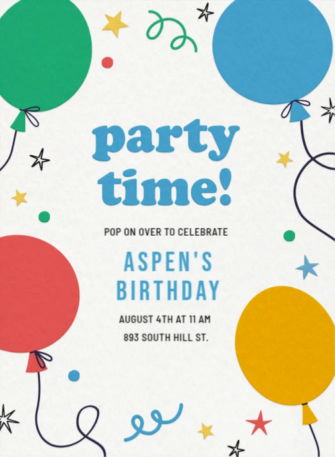 Colorful kids' birthday party invitation template with balloons and playful typography.