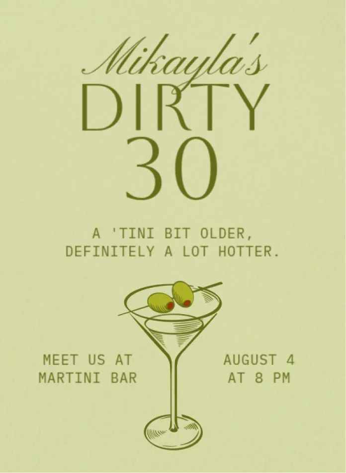 Milestone birthday invitation templates for a 30th birthday with a martini glass illustration.