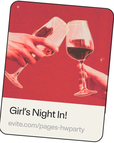 An event page for a dinner party showing two hands clinking wine glasses on a red background.
