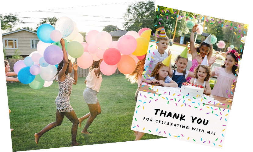 A picture of children playing with colorful balloons outdoors alongside a confetti-bordered photo thank you card.