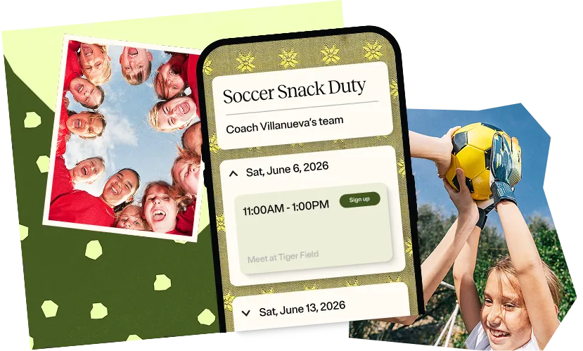 A soccer snack duty SignUp Sheet on a phone screen, collaged with photos of kids playing soccer.