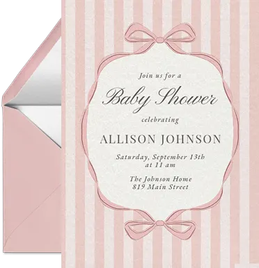 A pink striped baby shower invitation with bow illustrations, paired with a pink envelope.