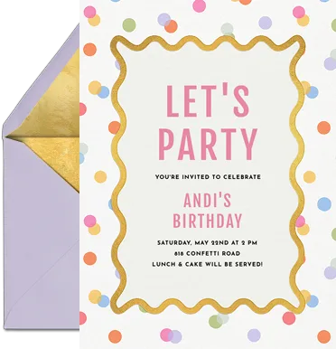 A colorful confetti-dotted birthday invitation with a gold wavy border, paired with a lavender envelope.