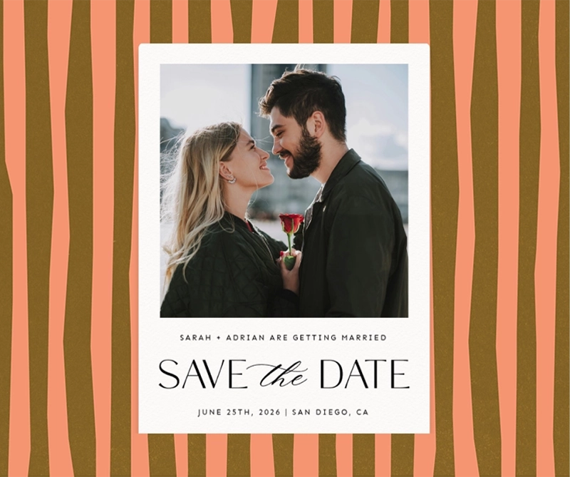 Wedding Save the Date card with couple holding a rose, June 25th, 2026, San Diego, CA.