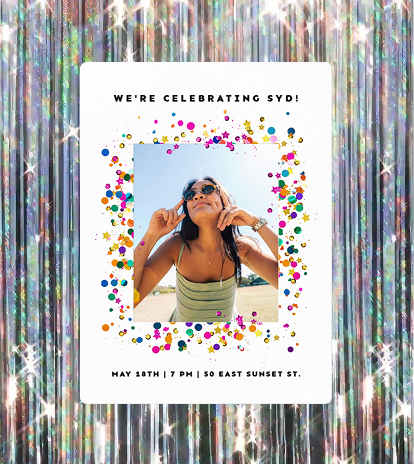 Party invitation with a smiling woman in sunglasses surrounded by colorful confetti on a shiny backdrop.