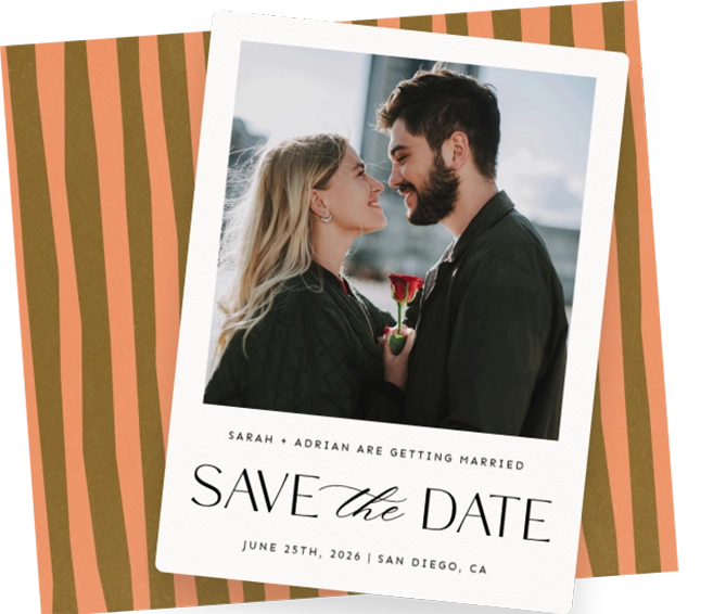 Couple smiling face to face with a red rose, with text announcing Sarah and Adrian's June 25, 2026 wedding.