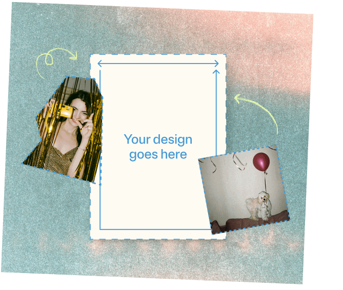 Blue and pink textured background with a white card in the center labeled 'Your design goes here', flanked by two photos.