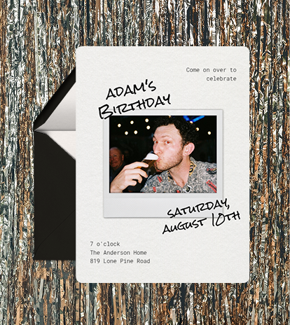 Birthday invitation with a photo of a man eating and text about Adam's birthday on August 10th.
