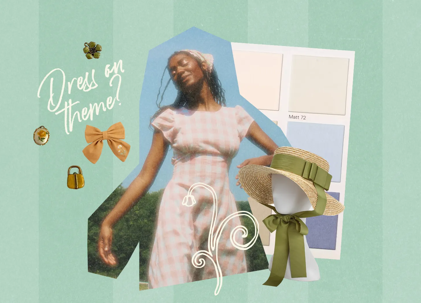 A collage image including a woman dancing in a pink and white gingham dress, a head mannequin wearing a straw hat with green ribbon.