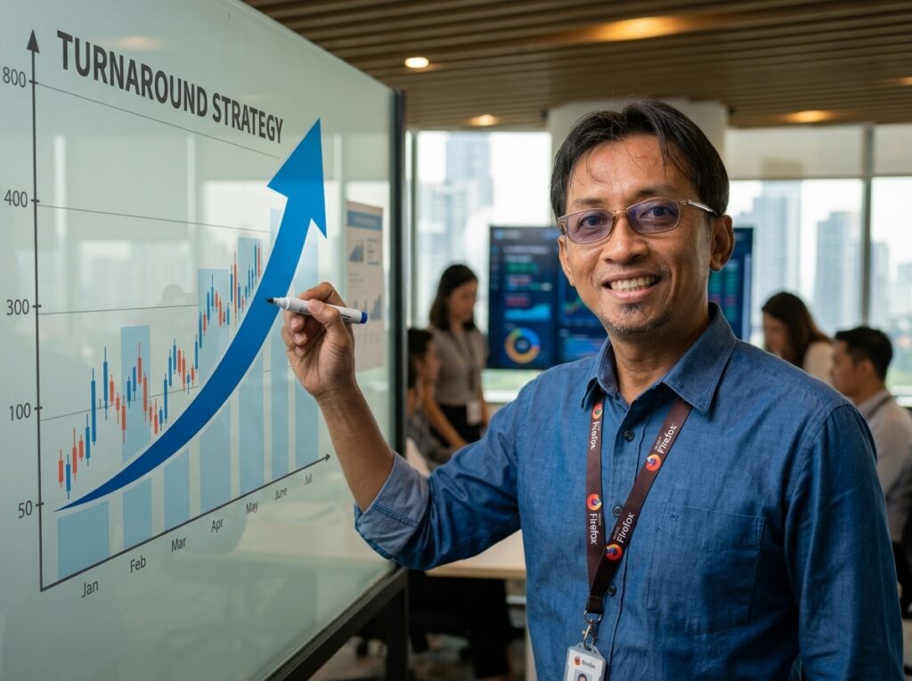 Cara Bluebird Bangkit dari "Kematian": Strategi yang Tak Bisa Ditiru Startup 9 Ilustrasi seorang profesional bisnis Indonesia yang sedang menganalisis data pertumbuhan perusahaan, merepresentasikan strategi bangkit dari kebangkrutan tanpa ikut perang harga.