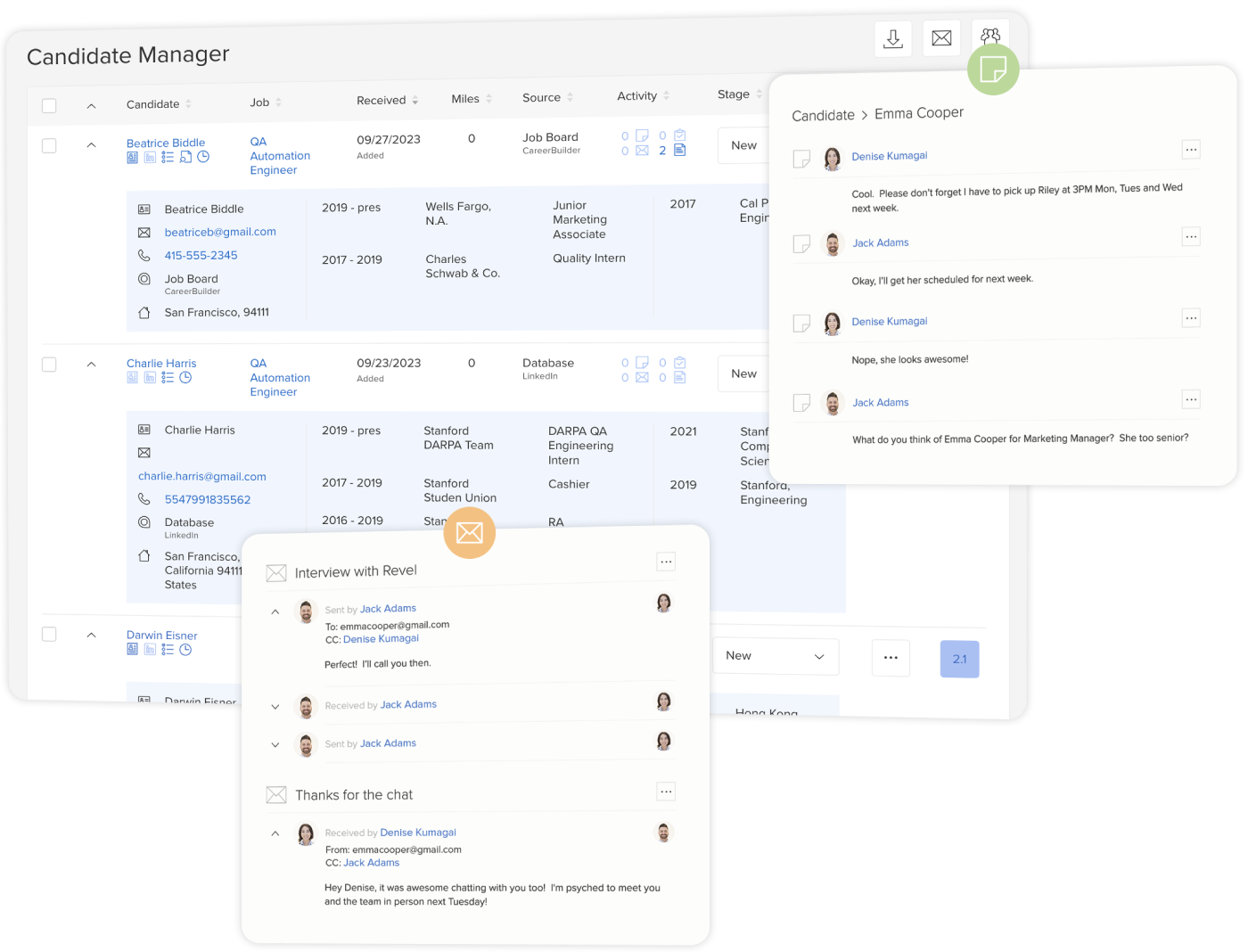 JobScore candidate manager overview showing candidate cards, notes panel, and messaging threads