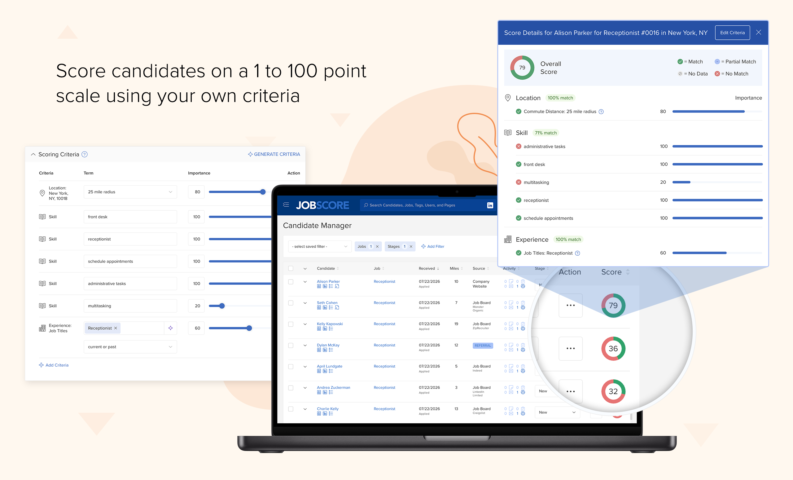 Score candidates on a 1 to 10 point scale using your own criteria | recruiting software scores
