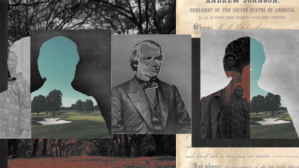 A collage includes photos of a green golf course and a Black family visible in the cut-out silhouette of a man, a portrait of President Andrew Johnson, and a clipping of a historical document that includes Johnson’s name.