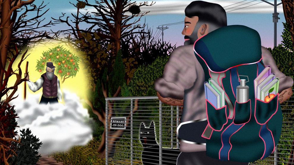 An illustration of a middle-aged dark-haired bearded man hiking with a backpack containing books and a flask.Beyond a forest of bare tree branches he sees the visage of Johnny Appleseed standing in a cloud, and highlighted by a glowing yellow light. Behind Johnny Appleseed is a tree with apples.