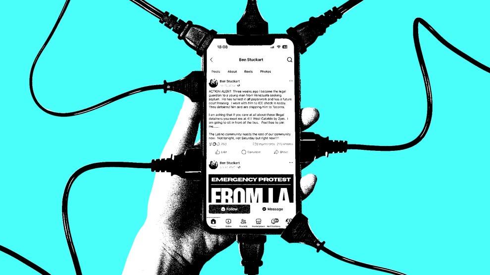 Conceptual photo illustration of a hand holding a cell phone that displays a Facebook post; the phone is covered in electrical cords, implying that information is being sucked out of it.