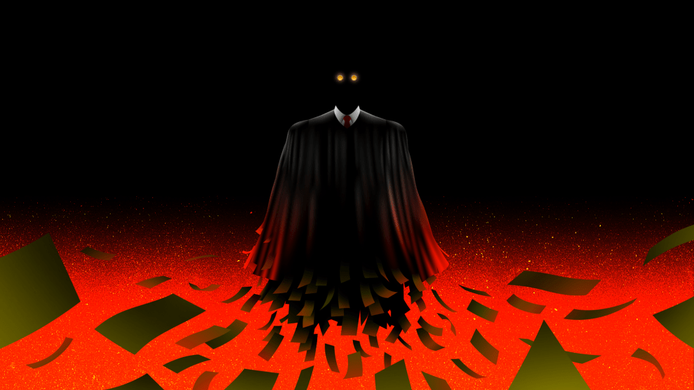 An illustration of a judge's black robe with a white collar and red tie hovers against a black background that turns to a volcanic red at the bottom. The gown, frayed at the lower end, appears to attract money in a tornadic flurry. The only discernible facial feature are two glowing gold eyes in the shape of coins.