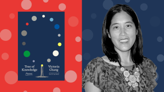 A diptych photo collage with the cover of the book "Tree of Knowledge" on the left and a portrait of the author, a middle-aged Asian woman with shoulder-length hair, on the right.