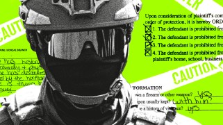 Photo collage featuring a close-up grainy ICE officer, with a combat helmet, reflective glasses, and face covering; he is surrounded by excerpts from court filings detailing violence and caution tape.
