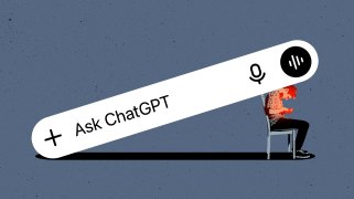 A young man sits slumped in a chair, weighed down beneath a large, tilted prompt bar reading "Ask ChatGPT."