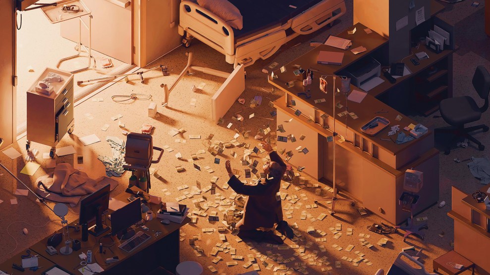 An illustration of a hospital in disrepair with papers, medication and toppled tables strewn everywhere on the floor. Kneeling on the floor is a man in a business suit tossing up paper bills of money into the air.