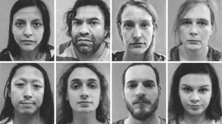 Eight black-and-white mugshots in a horizontal four-by-two grid