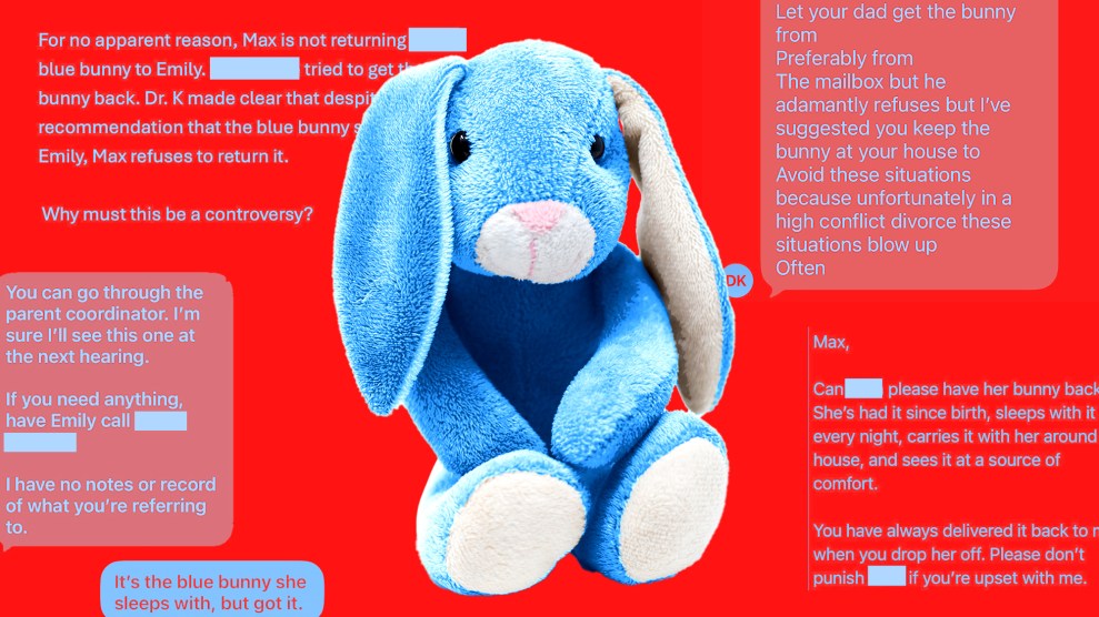 A blue bunny stuffed animal sits upright on a background filled with snippets from text messages and emails asking about its return.