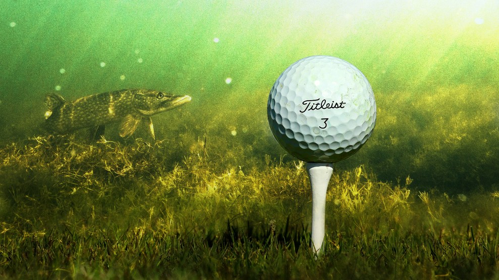 Conceptual illustration of a golf ball on a tee at the bottom of a river, with a fish nearby.
