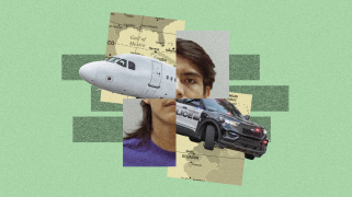 A collage features a young person's face split into tiles alongside a commercial airplane, a police SUV, and map fragments of the Americas.