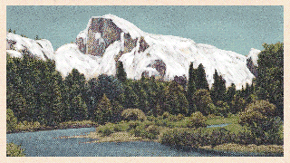 An animated illustratin of a river and meadows with Half Dome snow-covered, but then the snow all melts.