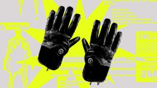 A conceptual collage featuring electric shock gloves at the center, overlaid on a large yellow burst of electricity and excerpts from a training manual