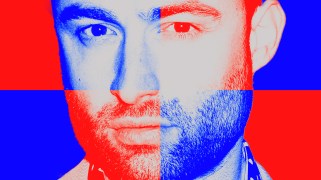 A conceptual collage of John Strand, a young handsome man; overlaid on his face are alternating rectangles of red and blue.