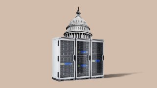 A photo illustration with three server racks standing in front of the dome of the US Capitol against a beige background.
