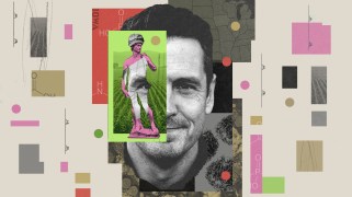 A photo collage in gray, tan with bits of red, pink and chartreuse that centers a smiling middle-aged man with dark hair, the statue of David wearing a "Make America Healthy Again" baseball cap, the molecular formula for Glyphosate, and microscopic cancer cells.