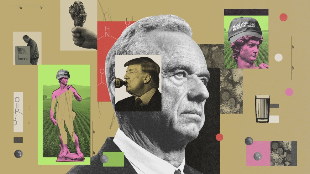 A photo collage in gray, tan with bits of red, pink and chartreuse that centers a stern-looking RFK Jr. and Donald Trump taking a swig of Diet Coke. Also in the illustration is the statue of David wearing a "Make America Healthy Again" baseball cap, the molecular formula for Glyphosate, microscopic cancer cells, a hand holding a fried turkey leg and a man in the voting booth.
