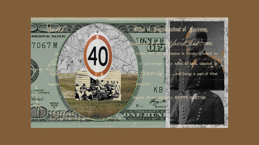 A collage illustration that sits a portrait of William T. Sherman atop an age-worn map. To his left is a disproportionally huge modern-day US $100 bill. At the center of the bill is a photo of formerly enslaved people with an oval sign above their head that reads “40.”
