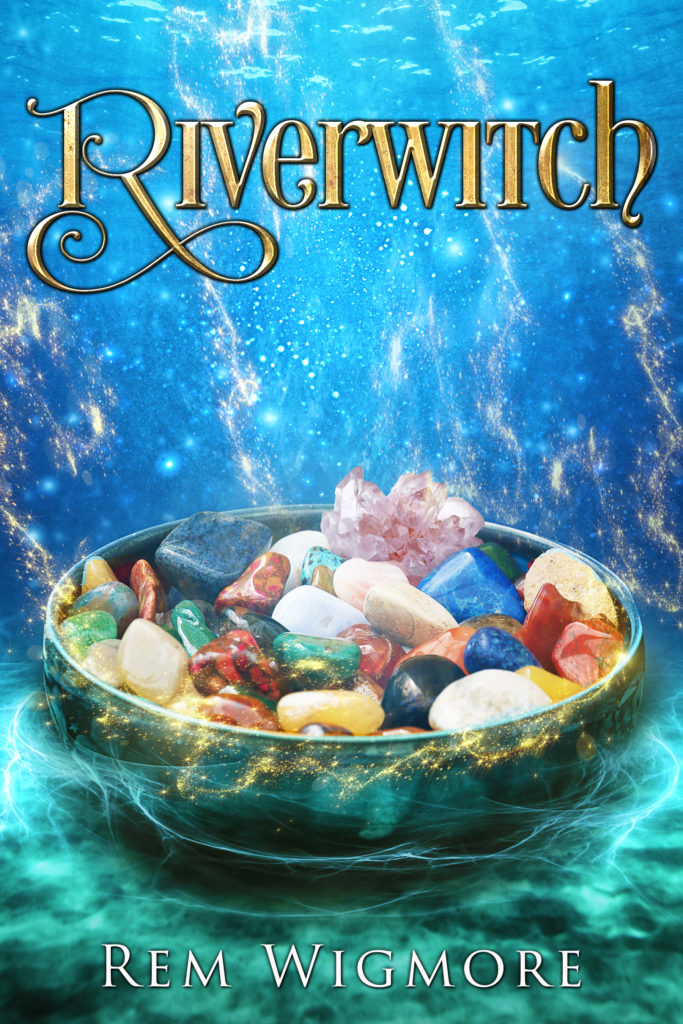cover of Riverwitch has bowl of crystals under water.