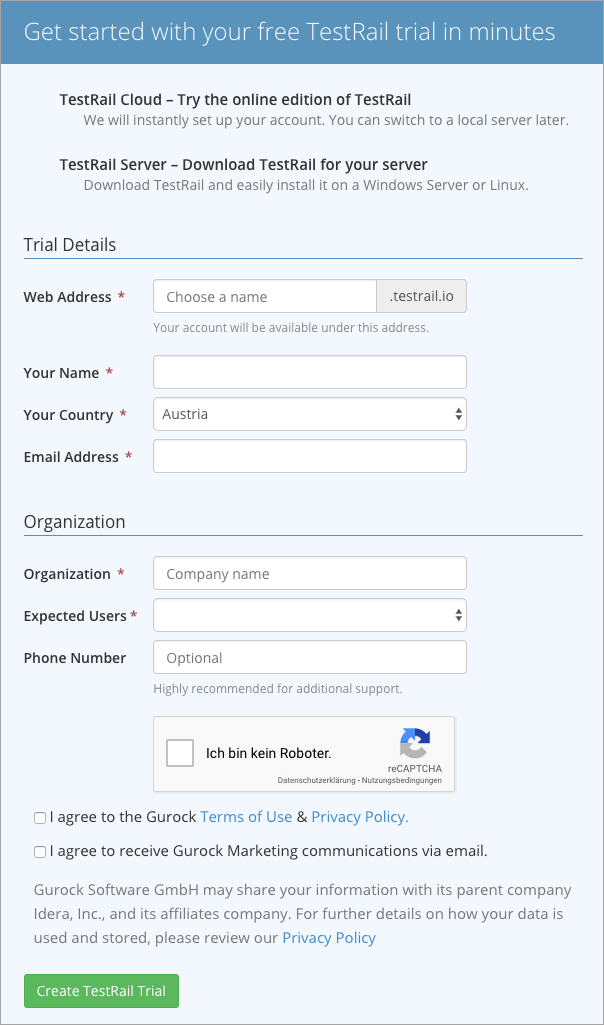 Create TestRail Trial